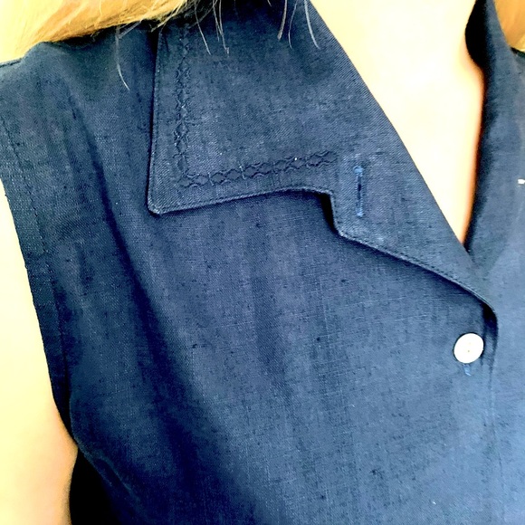 Royal Blue 100% linen button-up shirt mother-of-pearl buttons embroidered collar - Picture 10 of 16